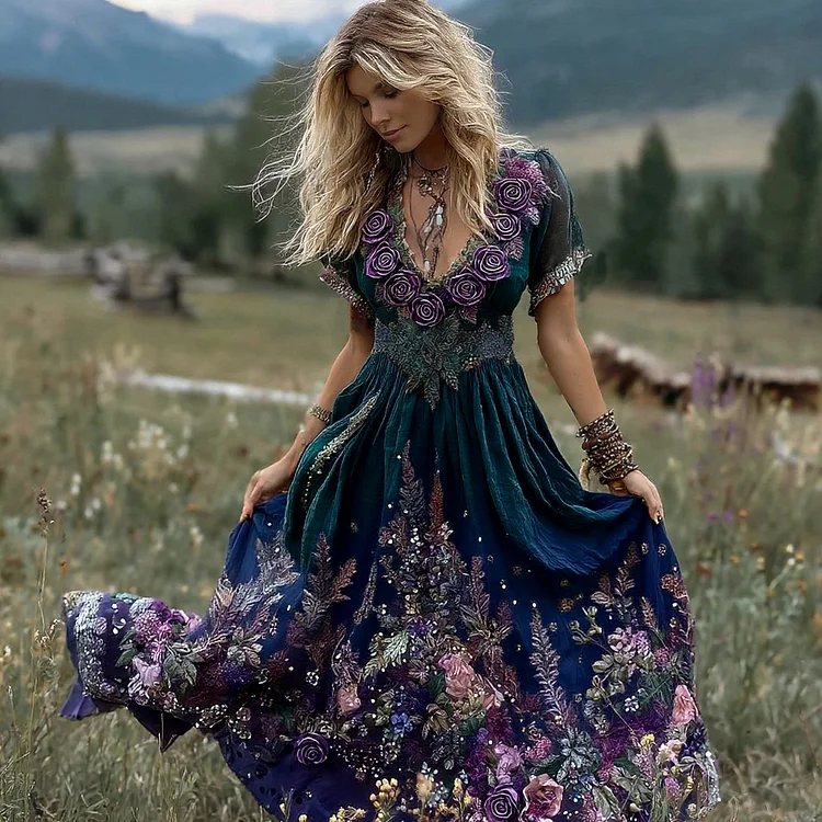 Vintage Gradient Rose Embroidered Linen Maxi Dress