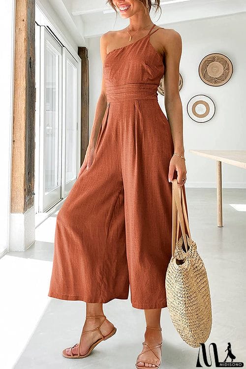MidiSono - One Shoulder Straps Wide Leg Jumpsuits
