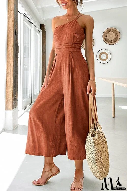 MidiSono - One Shoulder Straps Wide Leg Jumpsuits