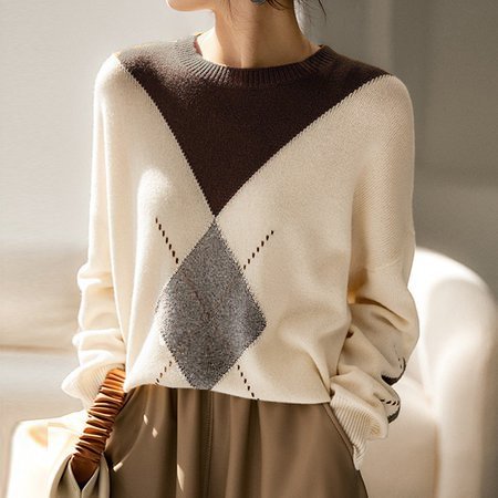 Off White Casual Knitted Geometric Sweater QueenFunky