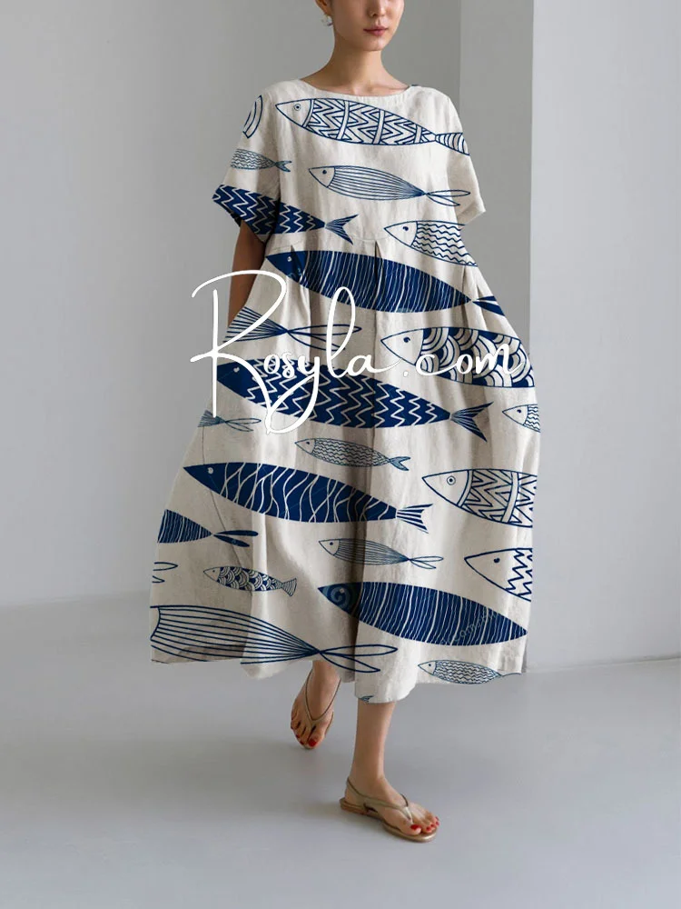 Women's Fish Print Loose Round Neck Medium Length Skirt Dress