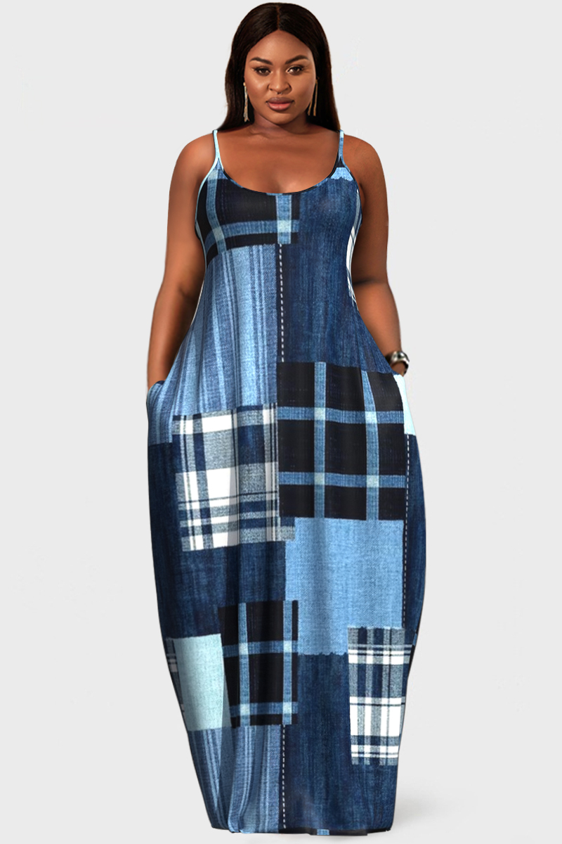 Design Plus Size Blue Casual Plaid Denim Print Colorblock With Pockets Maxi Dresses [Pre-Order]