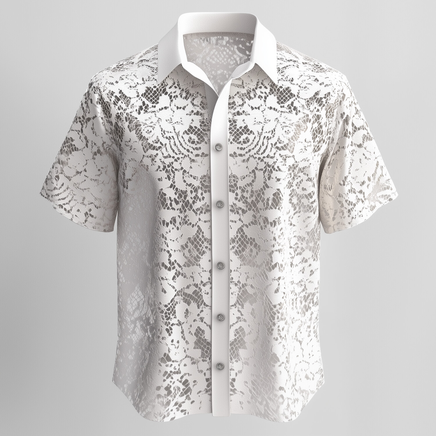 Men's Lace Hollow Out Turndown Collar Button Short Sleeve Shirt
