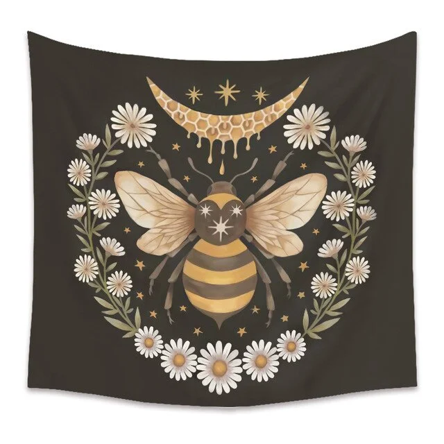 Bee Butterfly Flower Plant Tapestry Wall Hanging Black Background Cloth Moon Sun Tapestry For Farmhouse Decoration tapestry