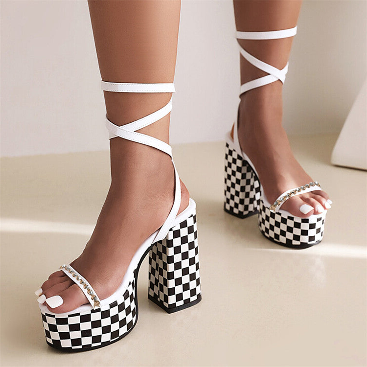 Black & White Open Toe Chunky Heel Strappy Sandals with Platform  Nicepairs