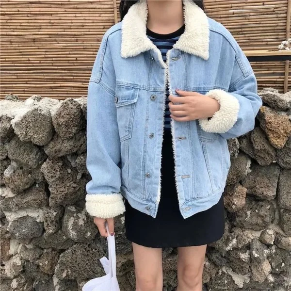 Woherb 2021 Denim Coat And Thickening And Velvet Lamb Wool Cotton Clothes Female Winter Clothes Loose Bf Short Style And Thick Denim Cotton Clothes-Outfit Ideas