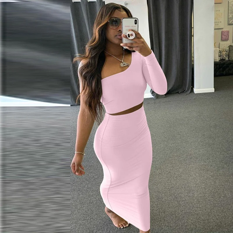 Dulzura Women Two Piece Set Crop Top Long Sleeve One Shoulder Elegant Midi Skirt Bodycon Sexy Streetwear Autumn Winter Matching