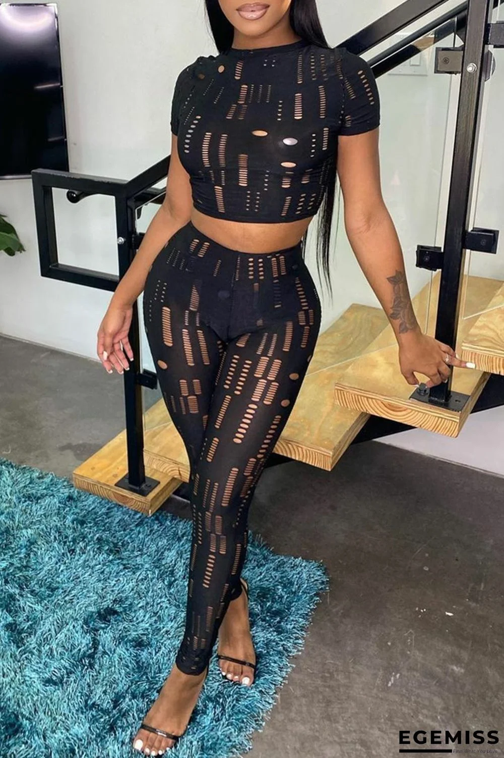 Black Fashion Sexy Solid Ripped Hollowed Out O Neck Short Sleeve Two Pieces | EGEMISS