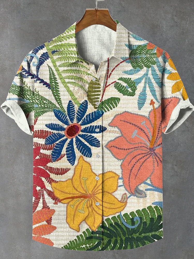 Men's Vintage Tropical Holiday Flowers Printed Linen Blend Shirt