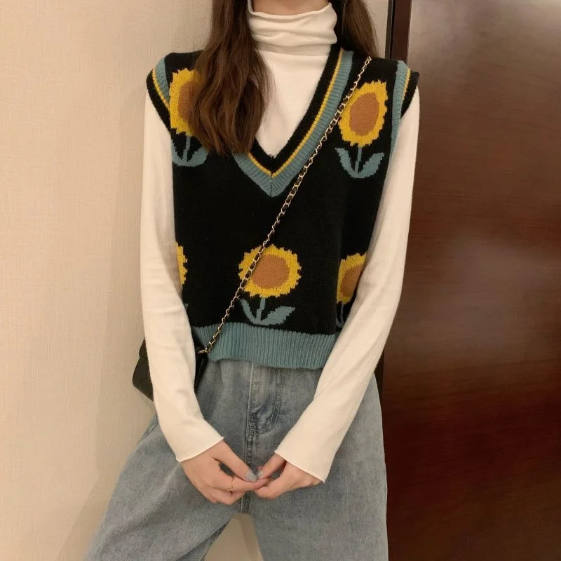 Women Sweater Vest Flower Print Loose Fashion All-match Korean Style Elegant Sweet Kawaii Ulzzang Streetwear Retro Female Chic