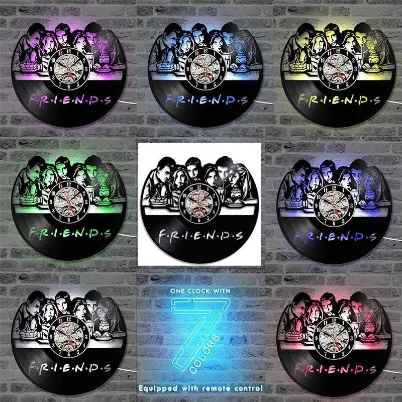 Vintage Vinyl Record Wall Clock Modern Design Friends TV Series CD Clock Wall Watch with LED Lighting Home Decor Gift for Friend