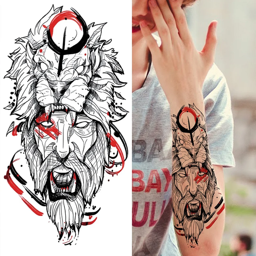 Lion King Crown Temporary Tattoos For Women Men Adult Black Tiger Forest Skull Tattoo Sticker Fake Skeleton Fashion Tatoo Flower