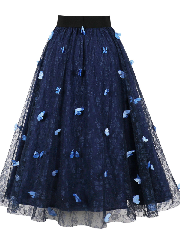 Mesh Double-layer 3D Floral High Waist Swing Skirt
