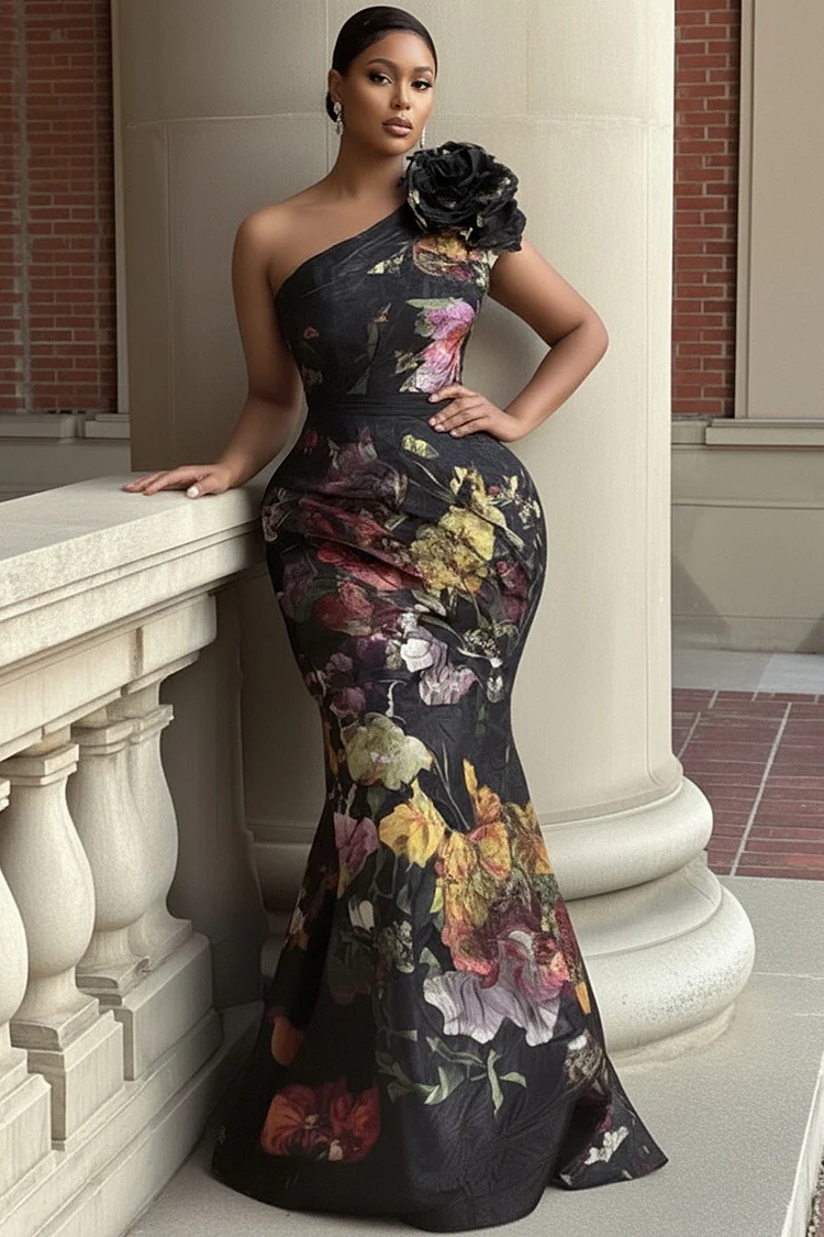 Xpluswear Design Plus Size Formal Black Floral Oblique Collar 3D Elegant Mermaid Satin Maxi Dresses [Pre-Order]
