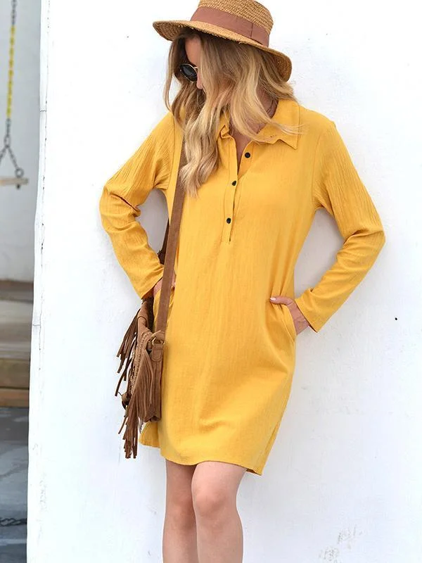 Elegant Cotton And Linen Long Sleeve Mid-Length Dress-Mayoulove