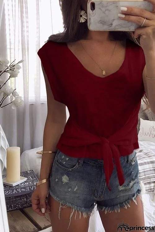 V-Neck Knot Bat Sleeve T-shirt Top