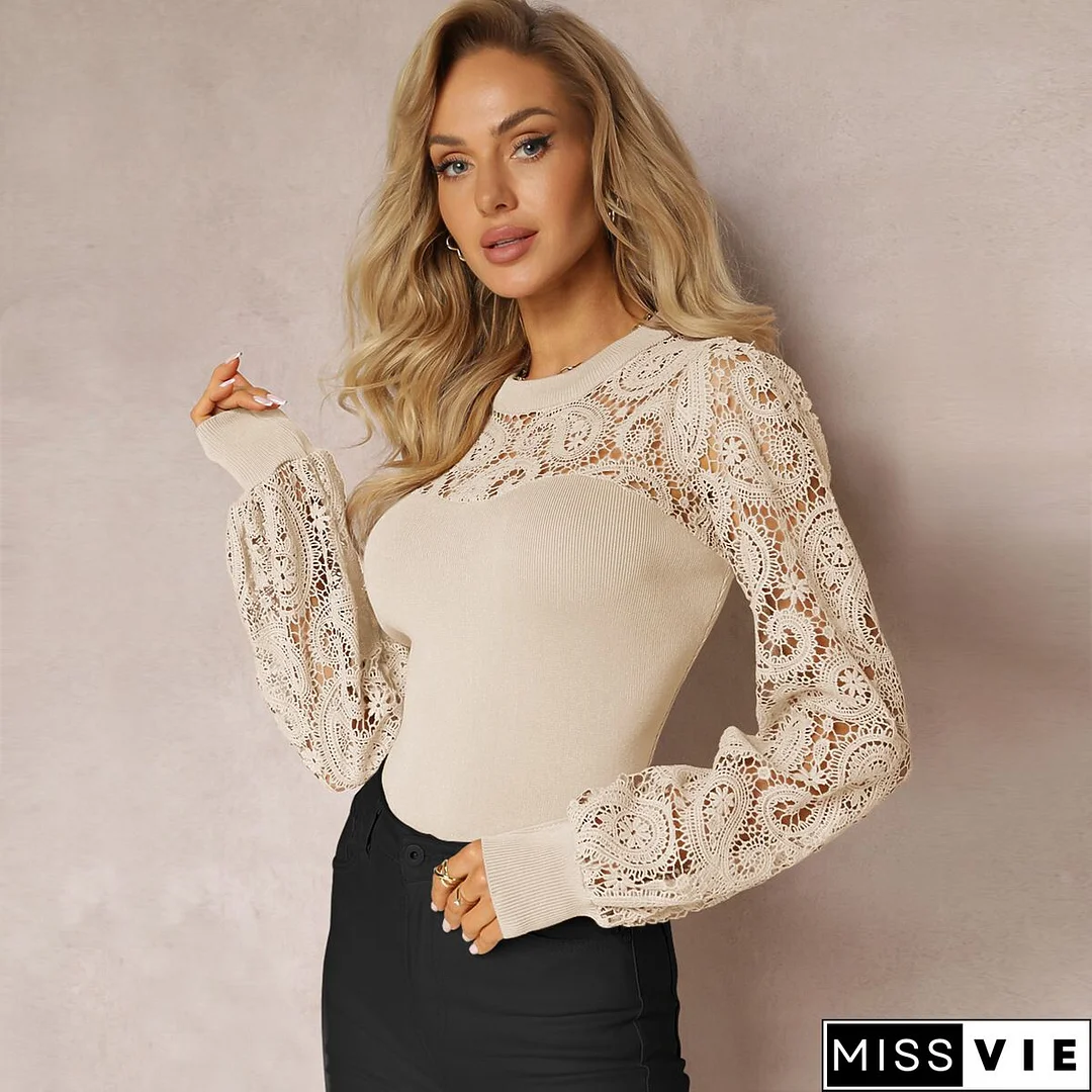 Elegant Solid Lace Hollowed Out Mandarin Collar Tops