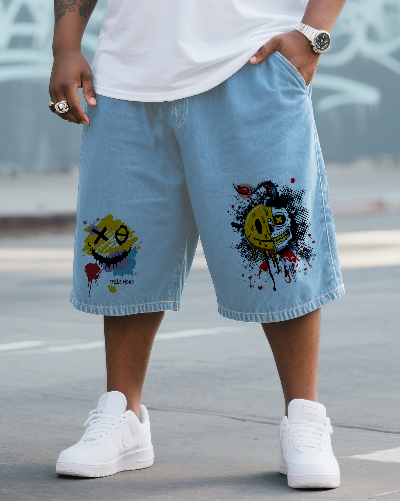 Big & Tall Men's Street Fashion Original Design Cartoon Head Graffiti Hot Stamping Denim Shorts