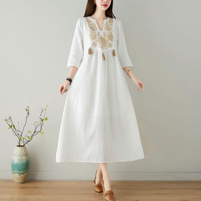 Women Cotton Linen Long Dress New 2021 Summer Indie Folk Style Vintage Floral Embroidery Loose Female Casual Dresses S3693