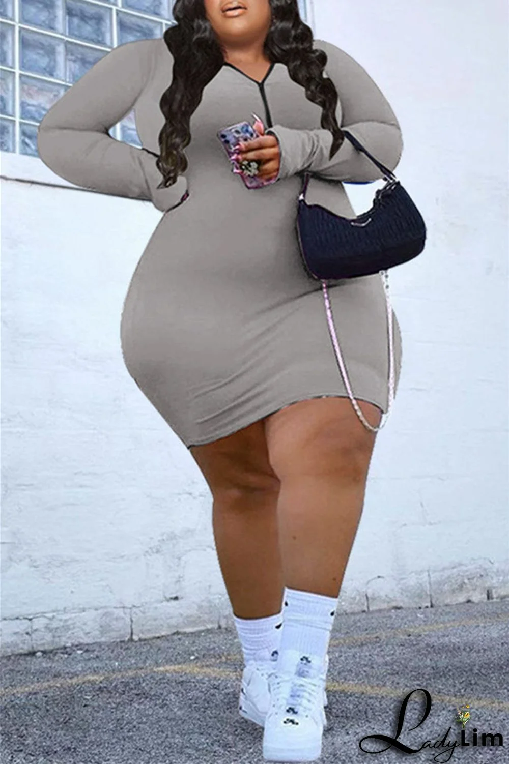 Burgundy Fashion Casual Solid Basic Zipper Collar Long Sleeve Plus Size Dresses