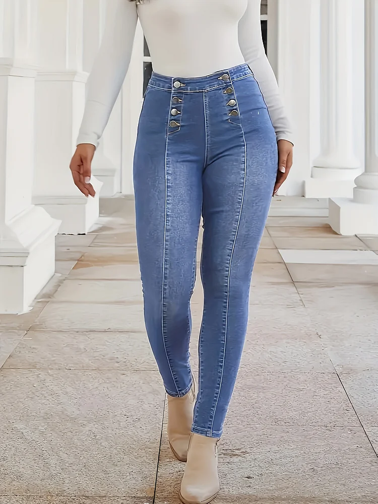 Women's High-Waisted Stretchy Slim Fit Denim Jeans With Double Button Closure, Mid-Rise Washed Casual Pants - No Belt Needed, All-Season Machine Washable Solid Color Black/Navy/Blue/Dark Brown), Stylish Wardrobe Staple, Highelasticity Fabric