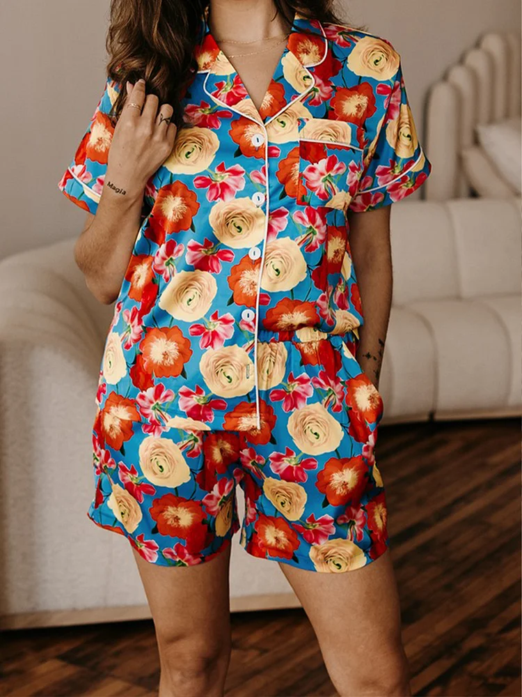 Western Casual Different Kinds Flowers Print Silk Short Sleeves Pajama Set