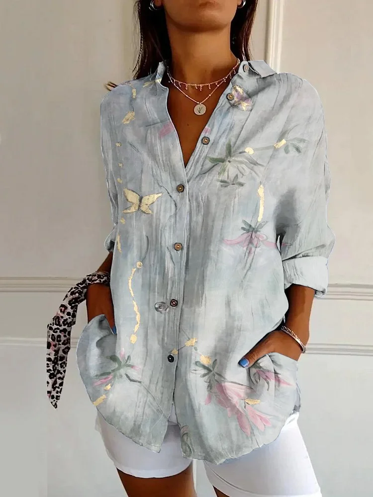 Japanese Butterflies And Flowers Print Casual Long-sleeved Shirt