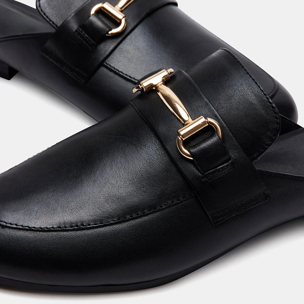 Black Slip-On Round Toe Flat Loafer Shoes Women with Buckle Accent