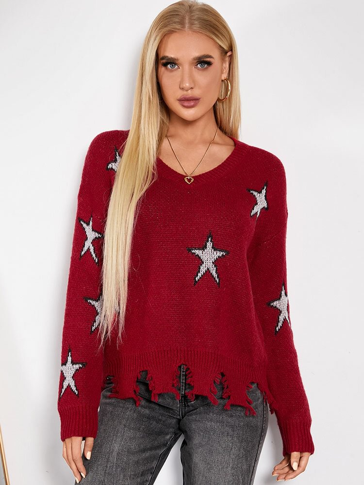 Stars Pattern Irregular Hem Long Sleeve V-neck Sweater