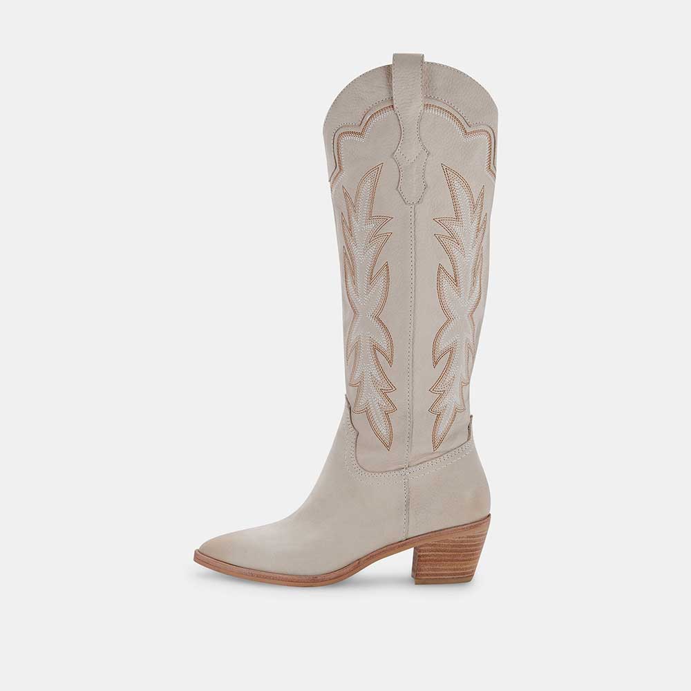 Beige Embroidered Vegan Leather Pointed Toe Partial-Zip Knee High Cowgirl Boots