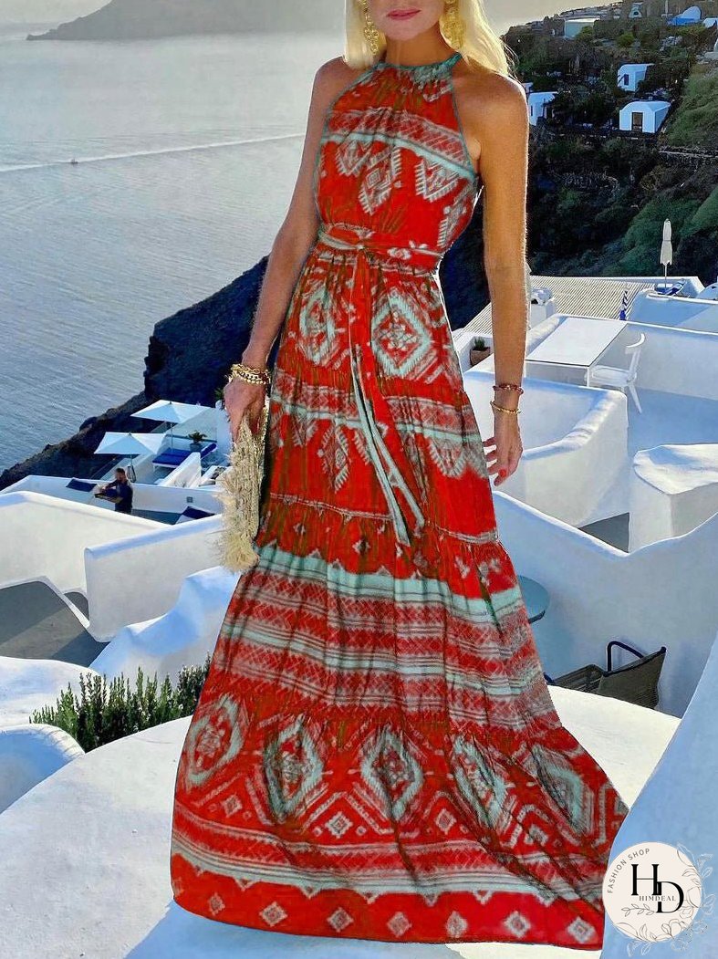 Dresses Vintage Print Halter Belted Dress for Women