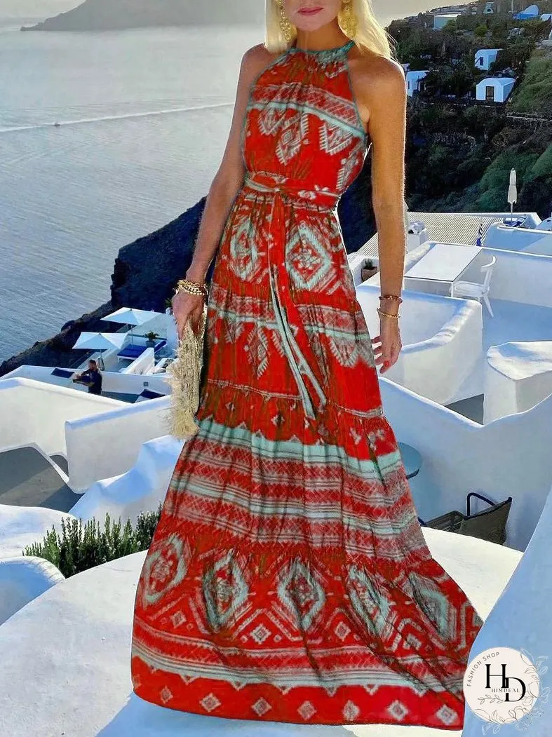 Dresses Vintage Print Halter Belted Dress for Women