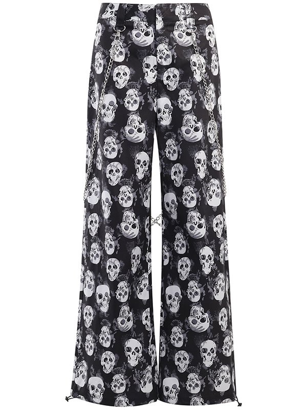 Goth Punk Skull Graphic Printed Chain-trimmed Industrial Ankle Banded Pants