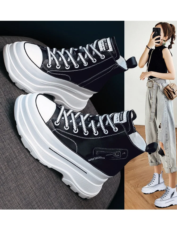 Fujin 7cm Platform Wedge Sneakers Chunky Shoes Genuine Leather High Top Shoes Sneakers Women Ankle Boots Spring Autumn