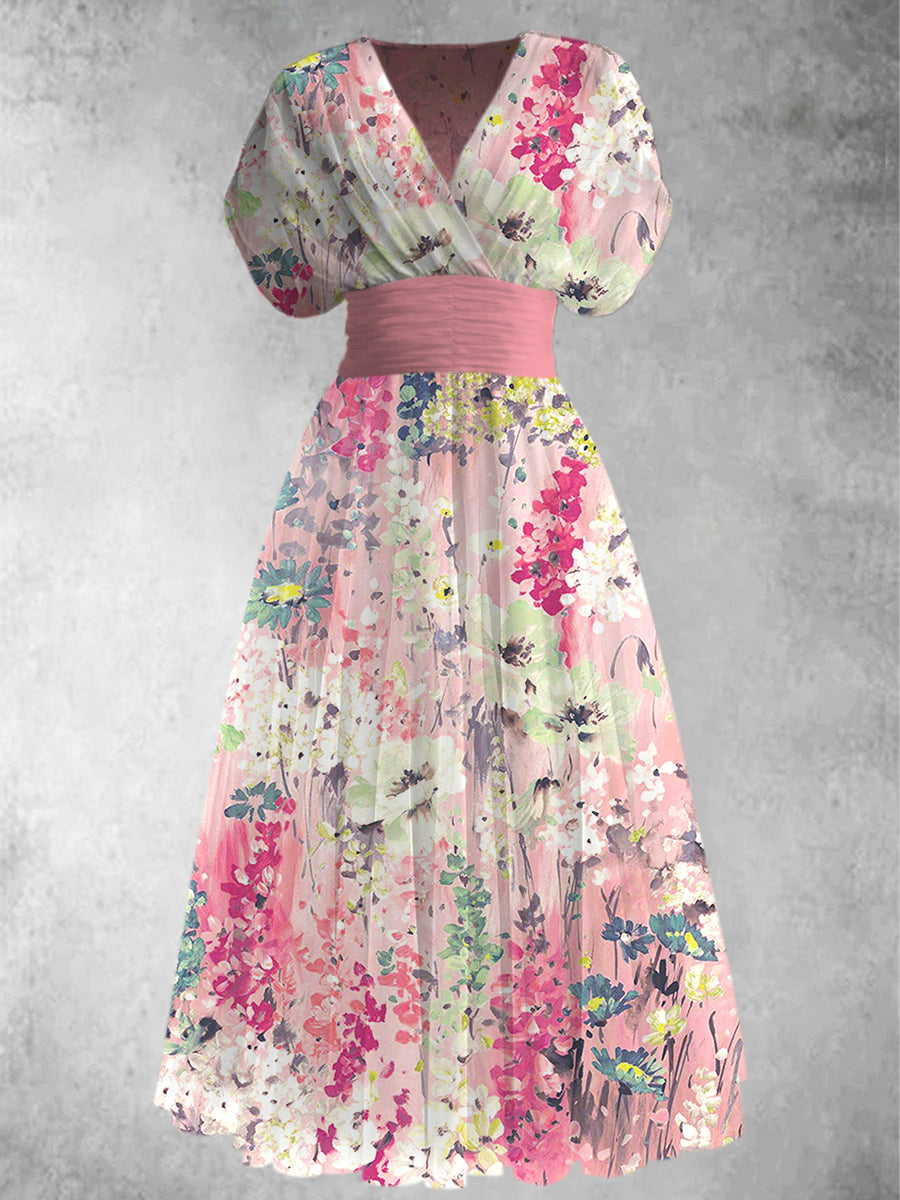 Retro Floral Print Elegant V-Neck Chic Short Sleeve Maxi Dress