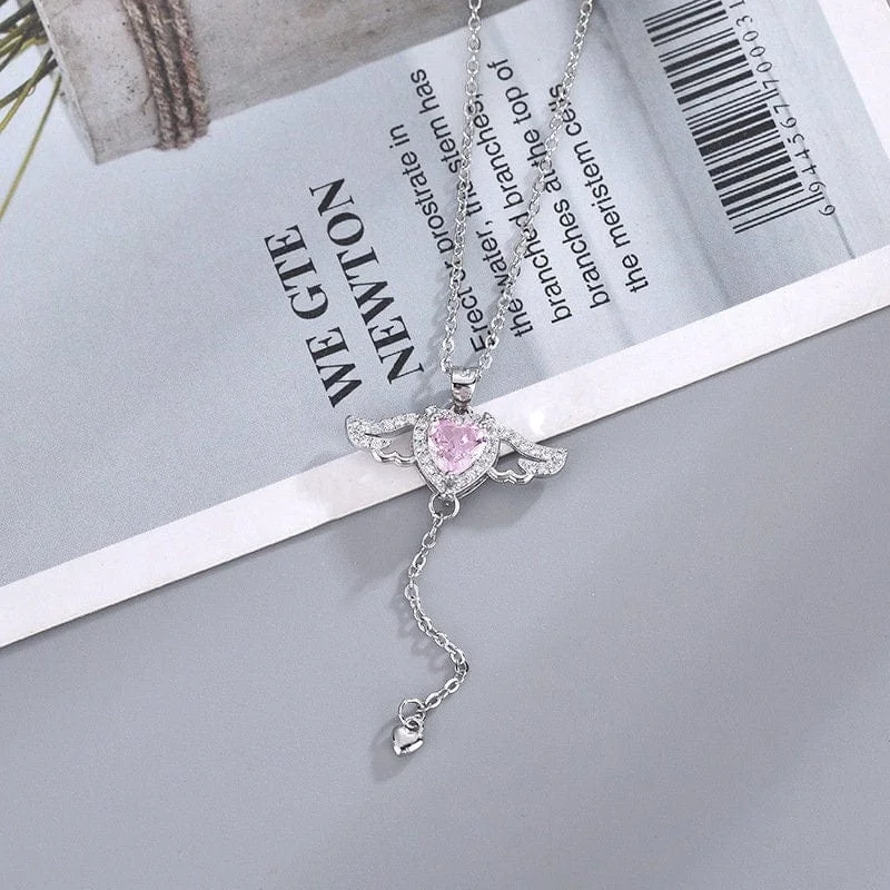 Sweet Pink Cupid Heart Wings Matching Necklace