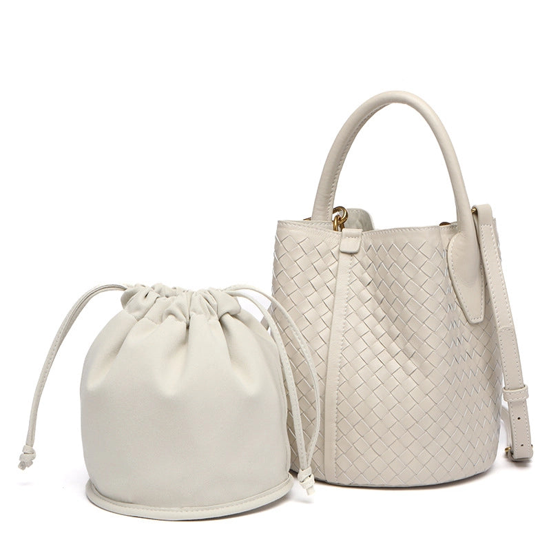 Women’s Medium Leather Solid Color Classic Style Streetwear Weave Sewing Thread Bucket String Bucket Bag