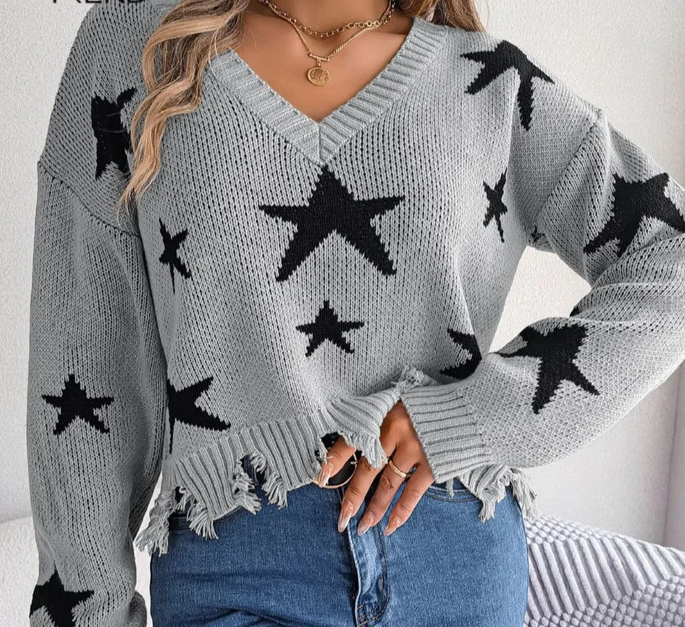Sonicelife Vintage Sweaters Winter V-Neck Stars Print Sweaters Women Knitwear Pullovers  Female Oversized Top