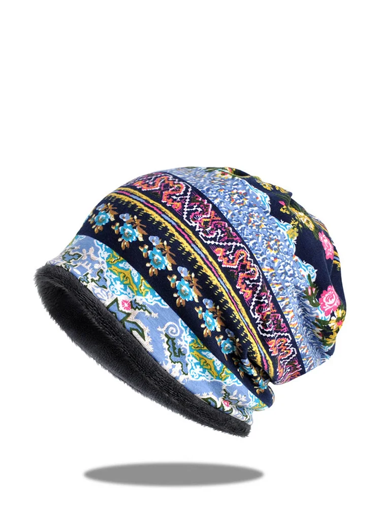 Women Vintage Floral Spliced Plush Hat