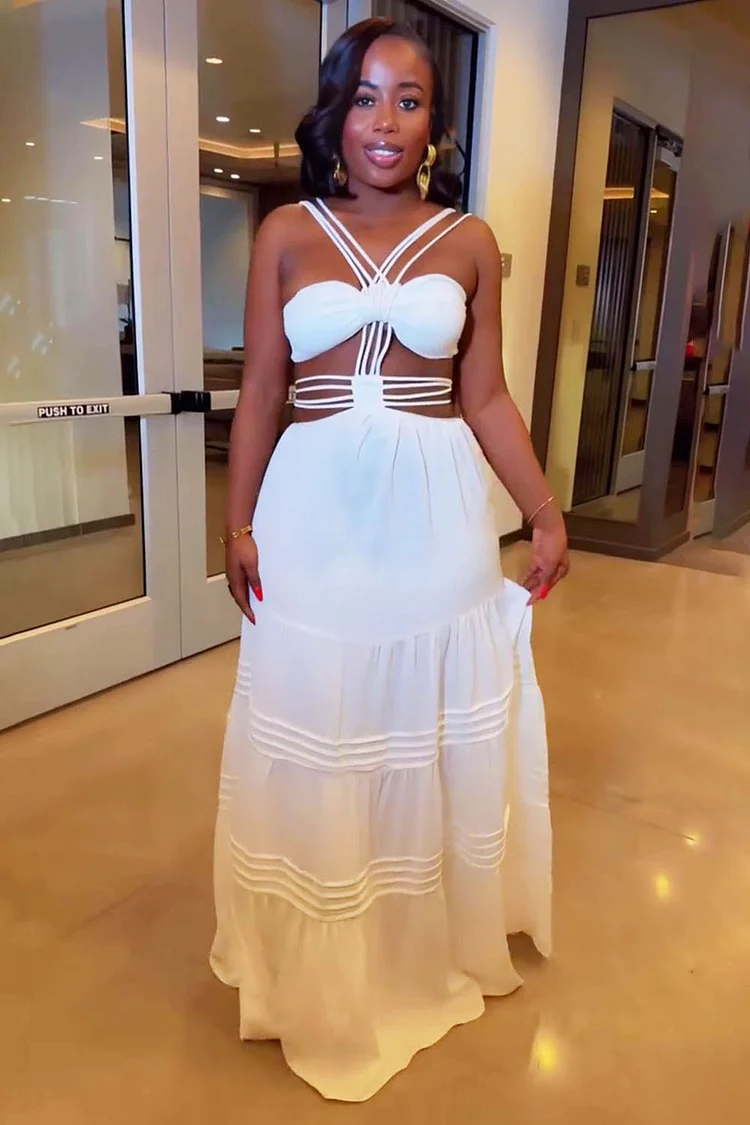 Multiple Cami Cutout Quilted Hem Vacation Maxi Dresses-White