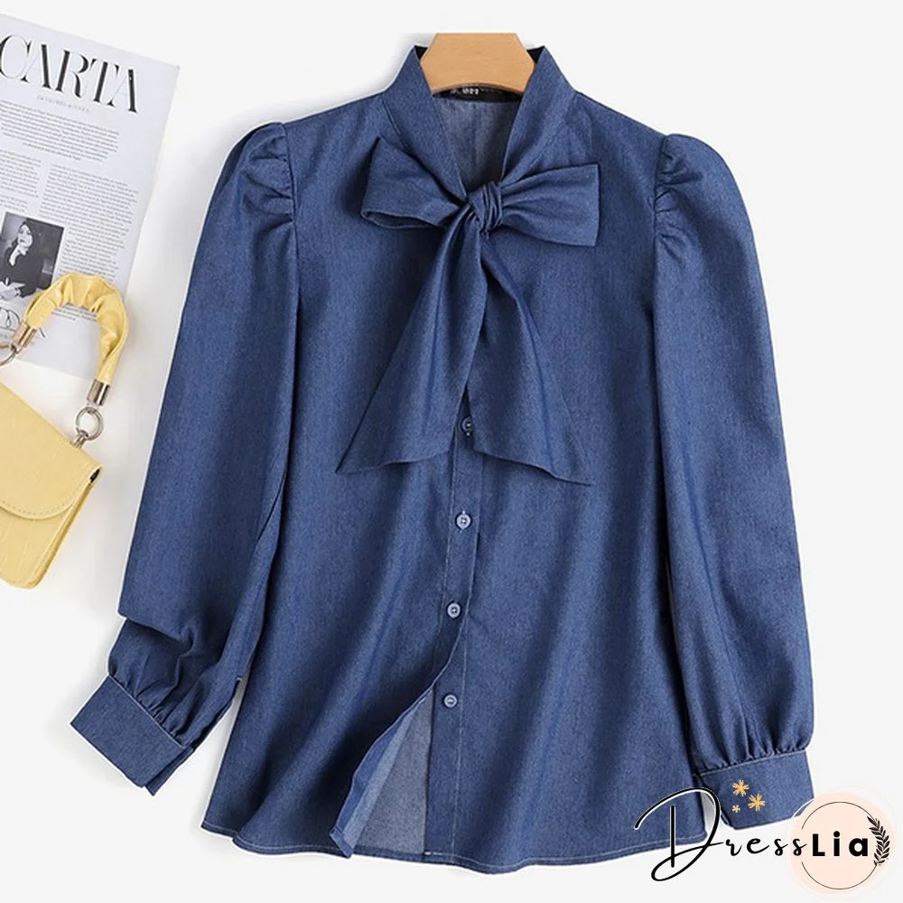 Women Long Sleeve Shirt Elegant Blouse Tunic Bow Tie Denim T-Shirts Plus Size