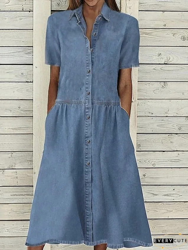 Women's Dress - Casual Dress Denim Shirt Dress Maxi long Dress Denim Basic Modern Outdoor Daily Vacation Shirt Collar Button Pocket Short Sleeve Summer Spring Fall Regular Fit Blue Pure Color S M L XL