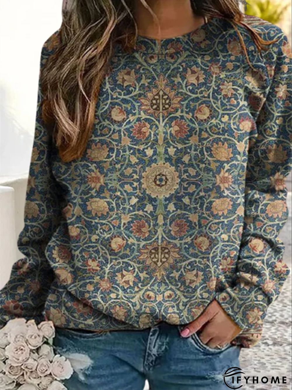 Casual Long Sleeve Crew Neck Ethnic Loose Sweatshirt | IFYHOME