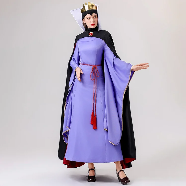 Adult Evil Queen Masquerade Costumes - Snow White Villain Purple Gown with Red Cape & Crown for Halloween Cosplay Parties