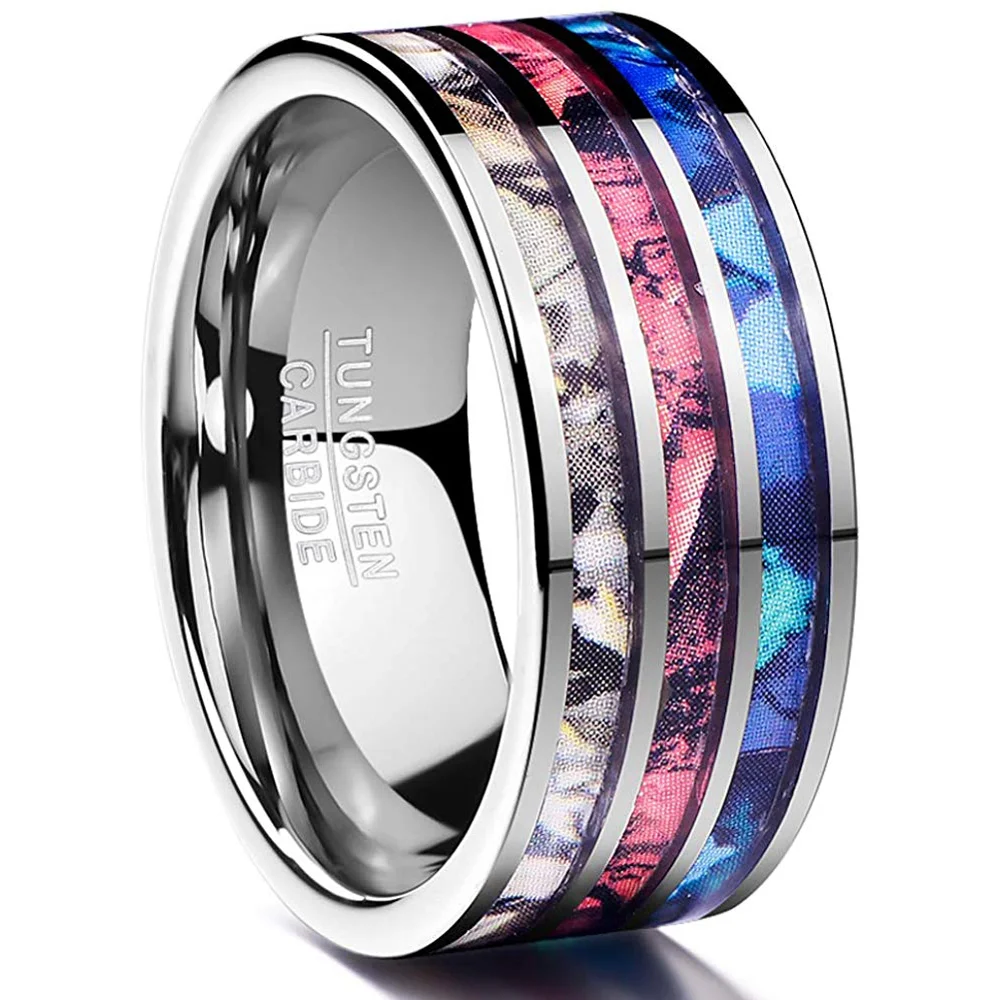 6mm 8mm 10mm 12mm Mens Women Tricolor Camouflage Inlay Tungsten Matching Ring Couple Wedding Engagement Band Flat Edge Comfort Fit Men Womens Rings