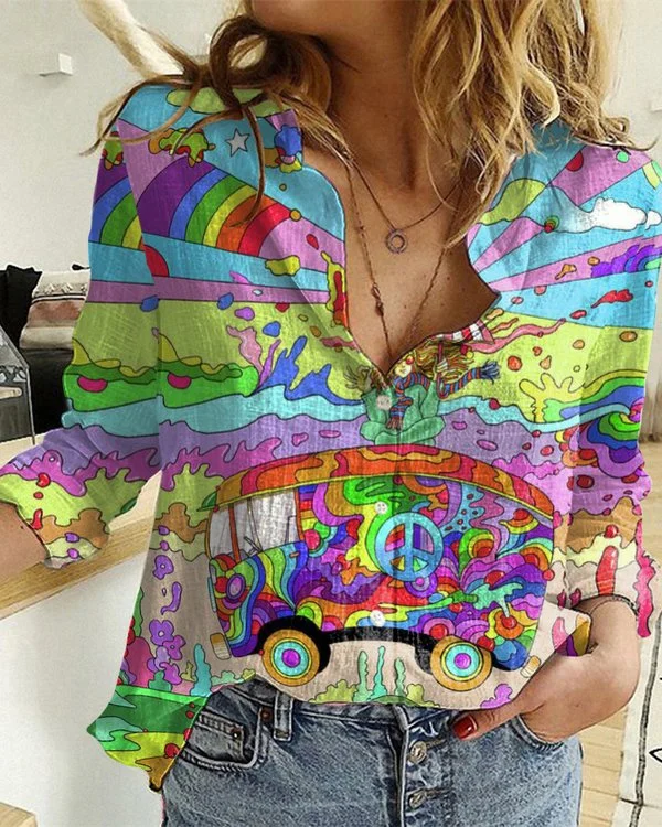 🔥kukelife🔥Hippy Bus Print Open Button Long Sleeve Shirt