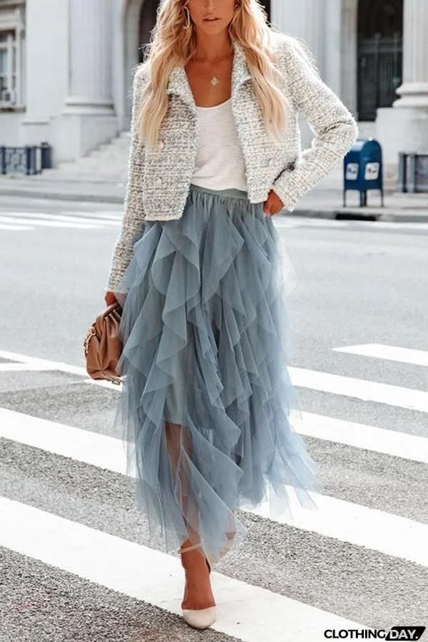 Allegro Ruffle Tulle Midi Skirt Grey Blue