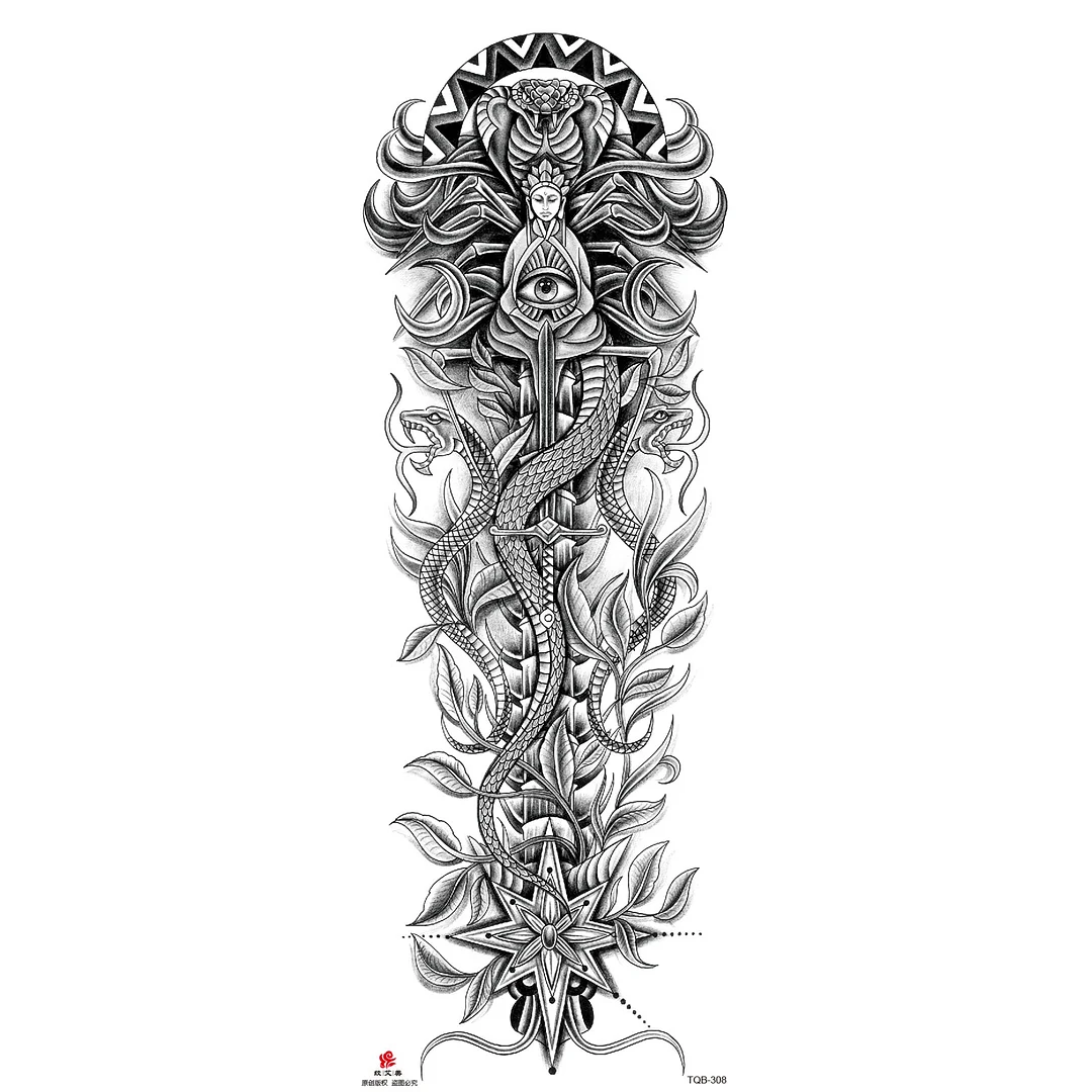 Sdrawing Arm Temporary Tattoo Wolf Lion Fish Horns Geometric Man Body Leg Rose Flower Phoenix Waterproof Sticker Cool Women Tatoo