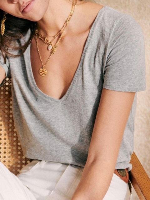 T-Shirt Femme Thin Short Sleeve Encolure V Loose Tee Shirt Elegant Tops Chic Casual Retro Women T Shirts simplicité Hauts - Shop Trendy Women's Fashion | TeeYours
