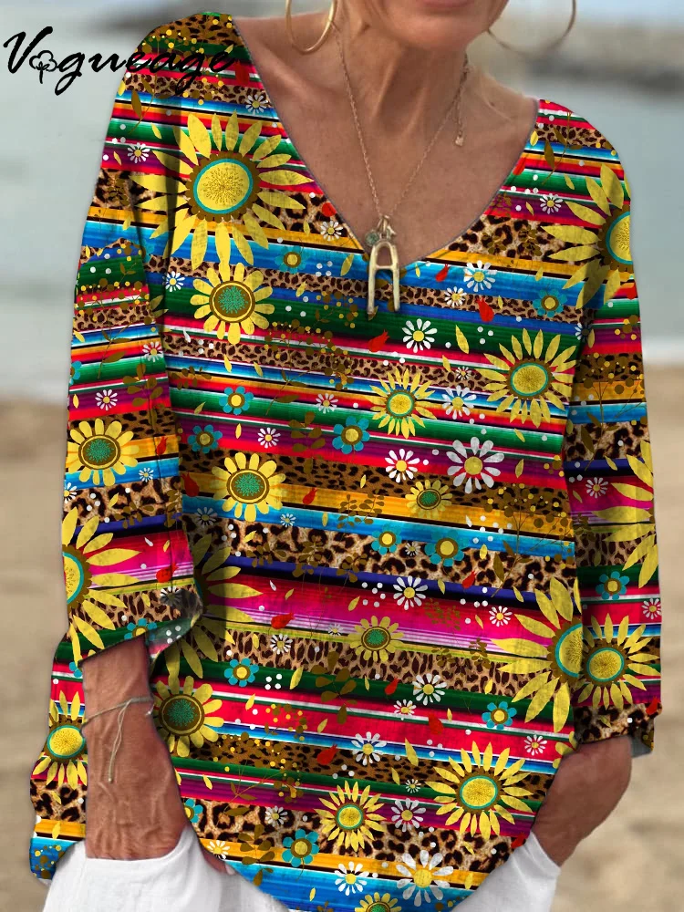 Colorful Bright Flowers Sunflowers Daisies 3/4 Sleeves Printed Cotton And Linen Shirt
